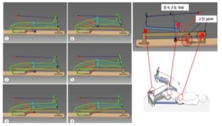 기구적 결합에 의한 고관절 연동형 링크의 동작원리 및 개념도.