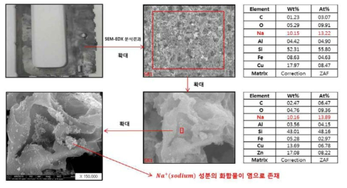 기존 공정인 수산화나트륨 처리 후 표면분석 결과 (SEM-EDS)