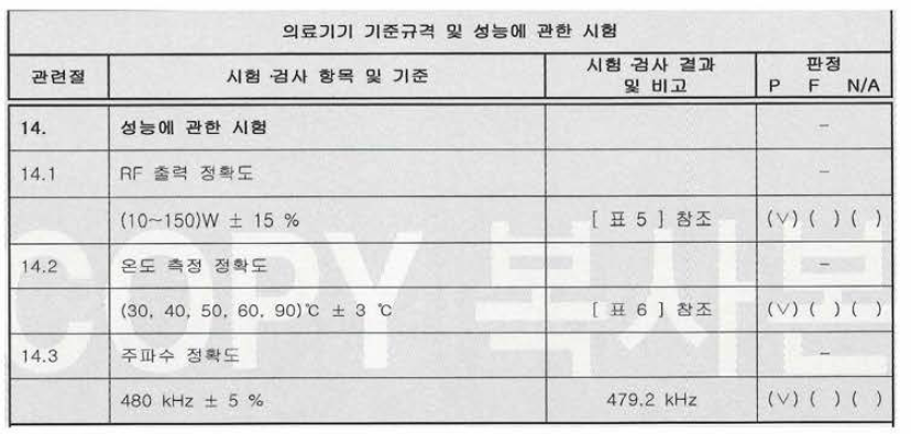 의료기기 기준 규격 및 성능에 관한 시험 결과