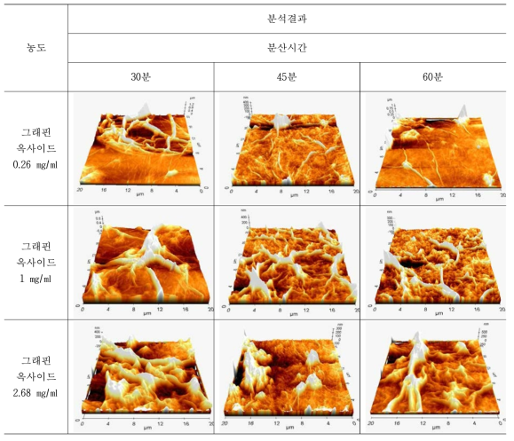 파우더형태 그래핀 옥사이드의 농도/분산 시간별 AFM 측정결과