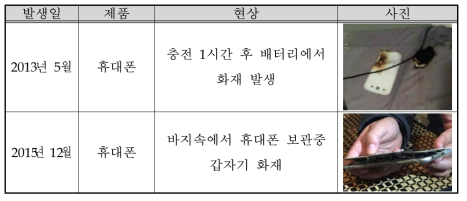 휴대용 전기제품에 장착된 배터리 주요 사고 사례(미국)