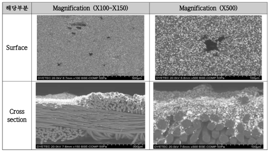 방염 코팅된 폴리케톤 원단의 표면 및 단면 이미지 분석
