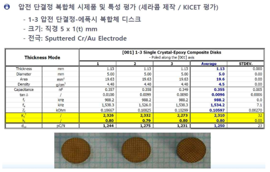 두께 모드 전기기계결합계수 0.8 이상의 압전 단결정-에폭시 복합체: 수요 기업(의료용 초음파 진단기 업체)에서 평가