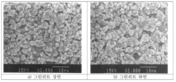 Si3N4 그린쉬트의 상, 하면 SEM 사진