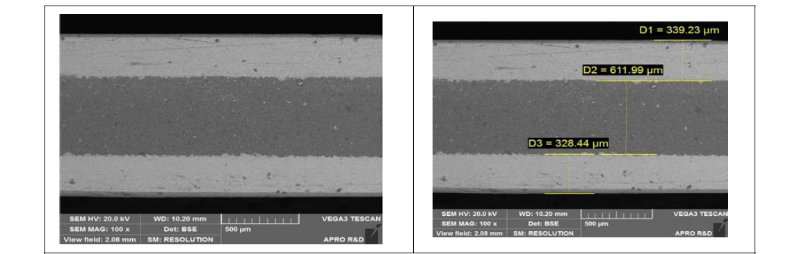 동접합 Si3N4 기판 Cross Section SEM 미세조직(Si3N4 t=612um Cu t=328∼339um)