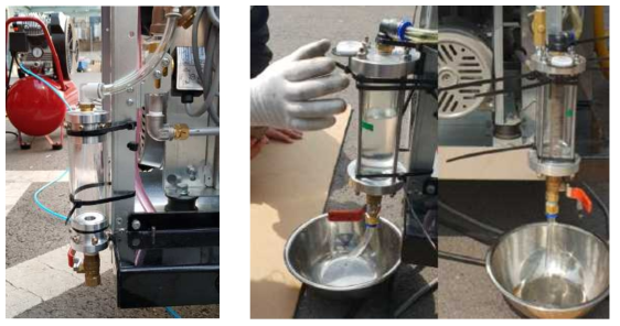 액화 휘발유 회수위치(좌) 및 이를 이용한 액화완료 휘발유 부피측정 장면(우)