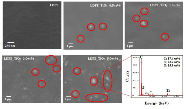 LDPE-TiO₂ 시편의 표면 주사전자현미경 사진 및 EDS 분석 결과