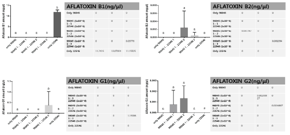 Aflatoxin production by Aspergillus flavus ATCC 22546 after co-culture with A. flavus ATCC 96045.