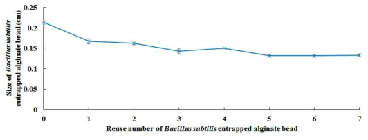 Change of size of Bacillus subtilis entrapped in alginate bead by treating 50% ethanol to recycle Bacillus subtilis entrapped alginate bead in soysauce