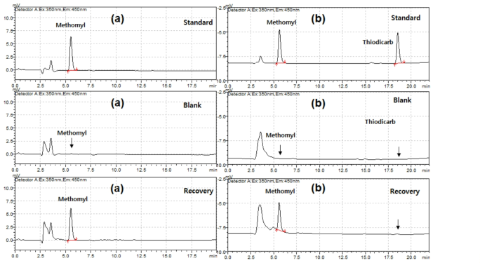 닭고기 중 메소밀(a) 및 티오디카브(b) standard, control, recovery 크로마토그램