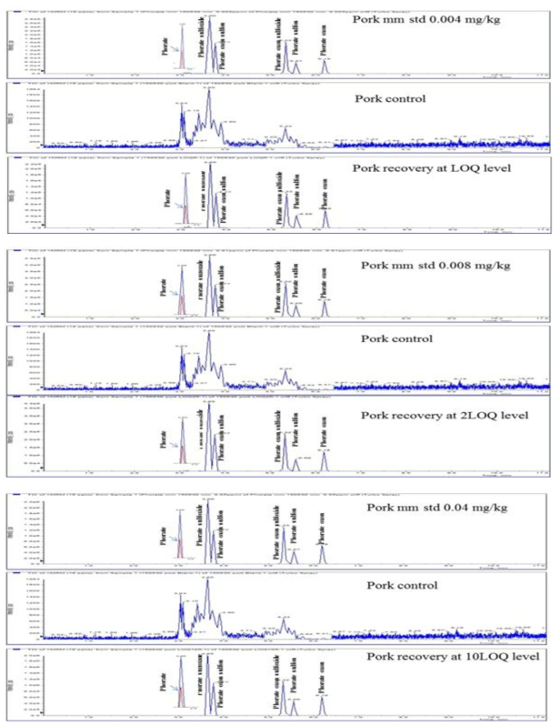 돼지고기 중 포레이트 및 대사산물의 standard, control, recovery 크로마토그램