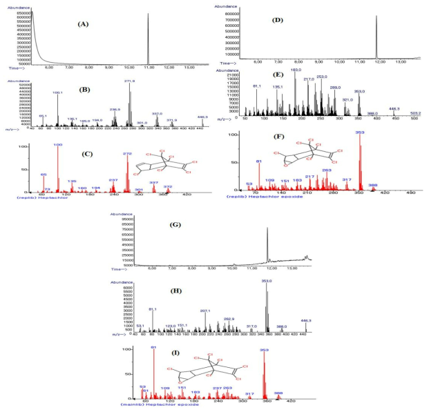 heptachlor와 heptachlor epoxide A, heptachlor epoxide B의 GC-MS 표준품 확인 시험 크로마토그램