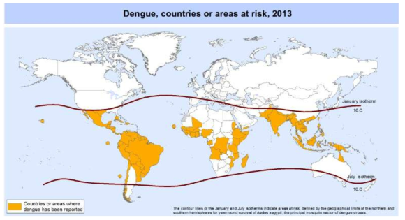 Dengue, coutnries or areas at risk, 2013/ 표시선 내에 존재하는 지역은 위험지역을 나타냄