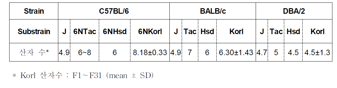 평가원 보유 inbred(Korl) 의 산자 수와 타 substrain 산자수 비교