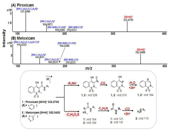 MS/MS spectra & fragment pathways of NSAIDs