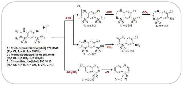 MS/MS fragmentation pathways of diuretics