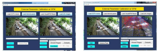 a) The program after load CCTV image and sfm images; b) The red point cloud and blue grid of ground on right figure represent the 3D reconstructed structure