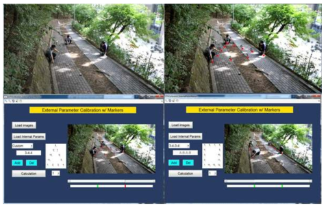 볼마커 어셈블리 장비를 삼각형 형상과 사각형 형상으로 결합하여 외부 파라미터를 계산하는 실험 장면(위 그림) 및 외부 파라미터 계산(아래 그림)