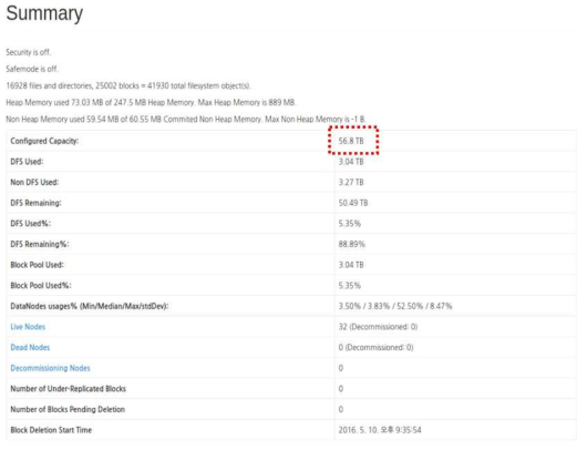 하둡 클러스터 서버의 storage capacity 요약