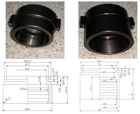 기존 소방호스 및 1차 개발 고압호스의 나사식 연결금속구(좌), 2차 개발 고압호스의 나사식 연결금속구(우)