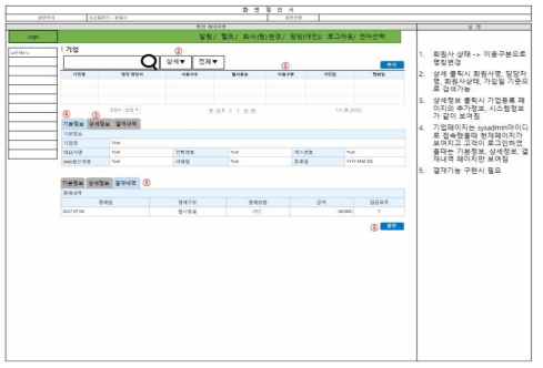 시스템 관리 메뉴의 기업 관리 페이지 레이아웃