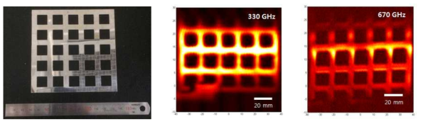 회전다면경 테라헤르츠 이미지 (좌) 기준 그리드 (중) 330 GHz 이미지 (우) 670 GHz 이미지