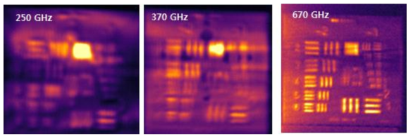 USAF 1951 타겟 이미지. (좌) 250 GHz. (중) 370 GHz, (우) 670 GHz