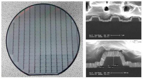 100V/10A급 SBR 전력소자 제작한 웨이퍼 및 단면 SEM 사진.