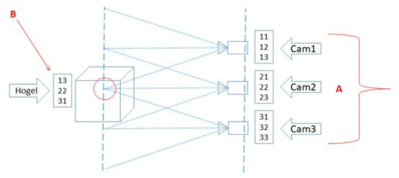 ‘A'로 표시된 일련의 3 대 카메라에 의해 생성 된 'B'로 표시된 호겔 이미지의 개념도