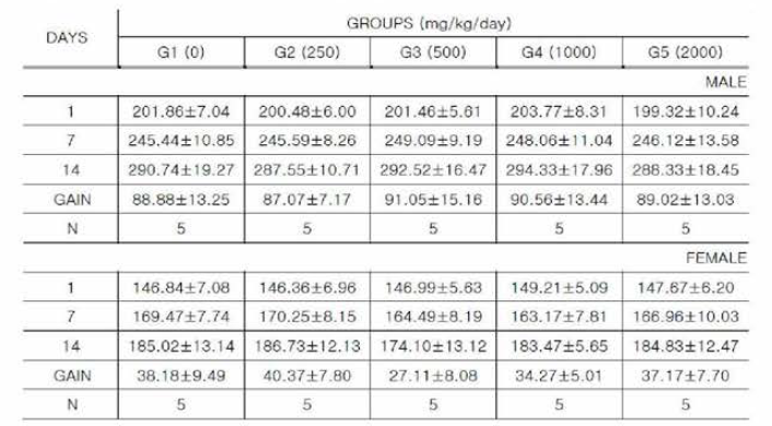 랫드를 이용한 2주반복 경구 DRF 독성시험-체중변화