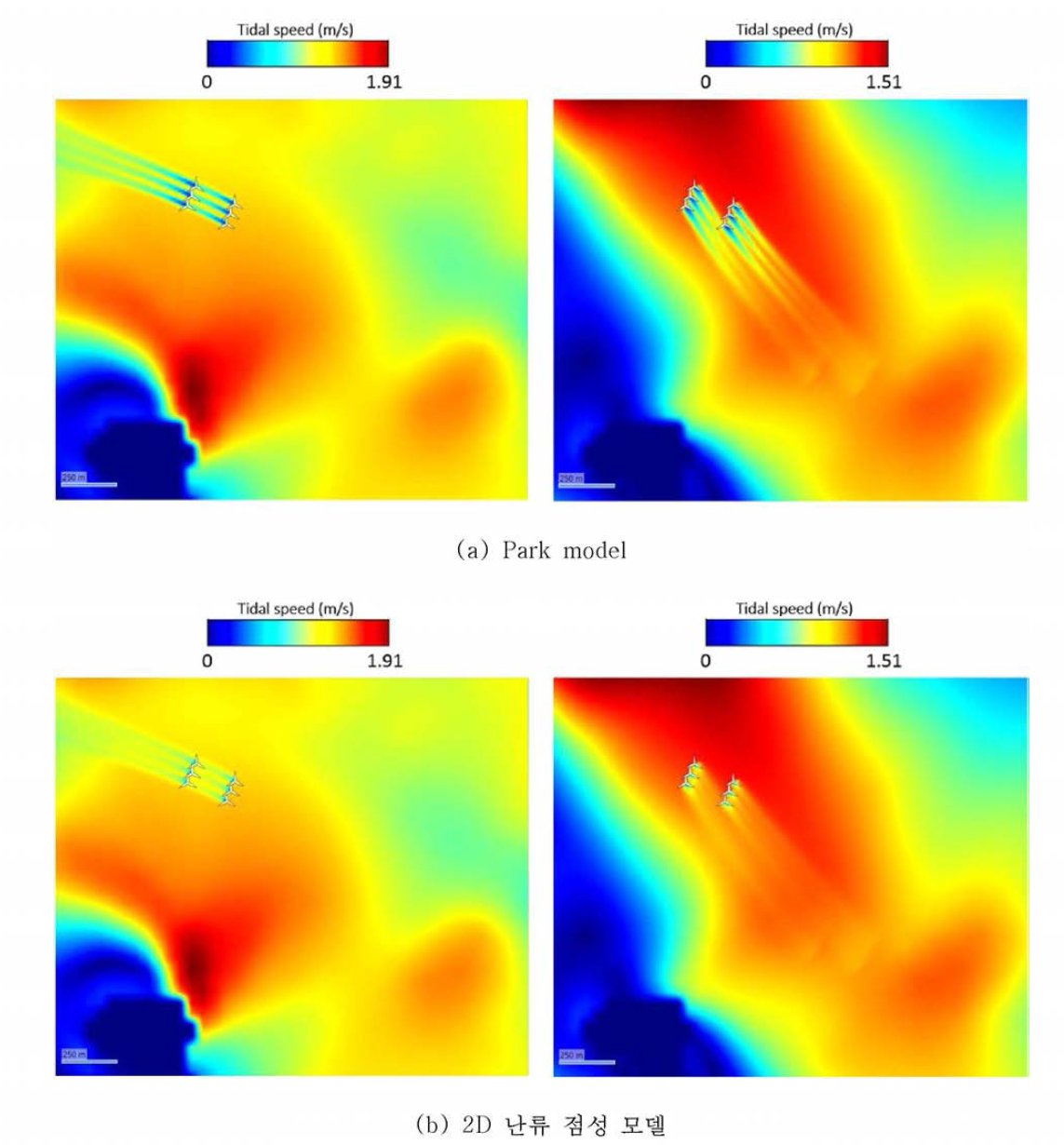 3MW 조류발전단지 모델에 따른 후류 비교