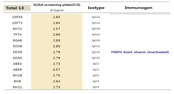 FMDV Asia 1 항원으로 면역화 후 얻어진 고역가 단클론항체 13종 특성분석결과