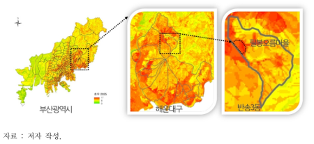 필봉오름마을 대상지역의 미래 홍수 노출특성(2025년)