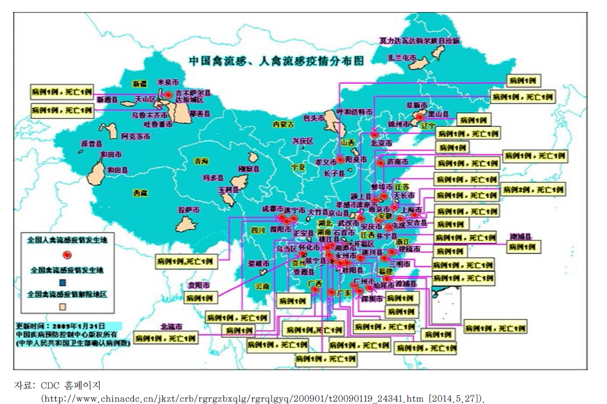 중국 조류인플루엔자 및 인체감염 조류인플루엔자 발생 분포도(2009)