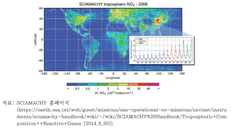 SCIAMACHY 위성 관측 기기로 관측된 2009년 NO2의 대류권 컬럼 총농도 분포