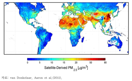 위성 영상으로 복원한 전 세계 초미세먼지 농도 분포 지도(2006)