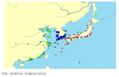 북서태평양 해역 10톤 이상 유류유출사고 분포(1990∼2013)
