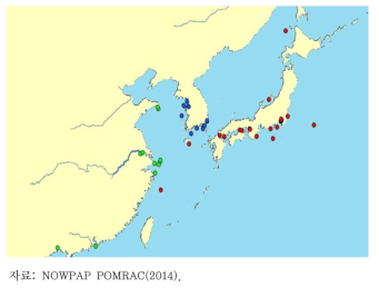 북서태평양 해역 10톤 이상 HNS 유출사고 분포도(1990∼2013)