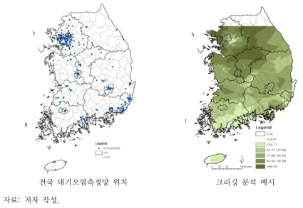 전국 대기오염측정망 위치 및 크리깅 분석 예시