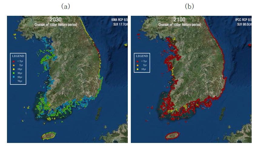 IPCC RCP 8.5의 (a) 2030년 해수면 상승(17.7cm)과 (b) 2100년 해수면 상승(98.0cm)에 대한 100년 빈도 태풍해일 발생주기