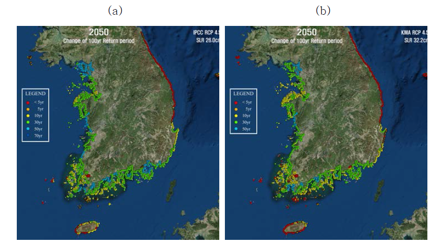 IPCC RCP 4.5의 2050년 (a) 해수면 상승(26.0cm)과 (b) 해수면 상승(32.2cm)에 대한 100년 빈도 태풍해일 발생주기
