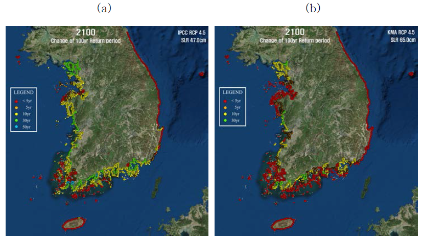 IPCC RCP 4.5의 2100년 (a) 해수면 상승(47.0cm)과 (b) 해수면 상승(65.0cm)에 대한 100년 빈도 태풍해일 발생주기