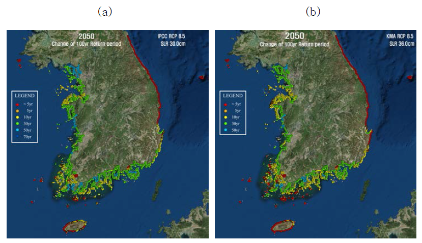 IPCC RCP 8.5의 2050년 (a) 해수면 상승(30.0cm)과 (b) 해수면 상승(36.0cm)에 대한 100년 빈도 태풍해일 발생주기