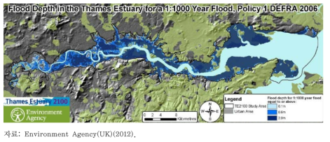 템스 강 유역 홍수 예상 지역(1/1,000년 빈도의 조수)