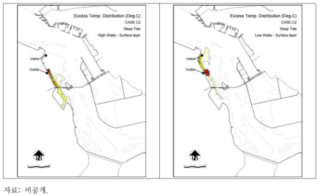 1∼2호기 가동 시 소조기 고조시(좌) 및 저조시(우) 초과수온 분포(동계)