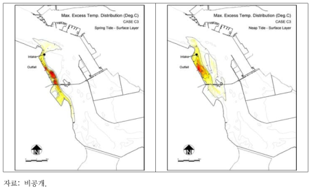 1∼3호기 가동 시 대조기(좌) 및 소조기(우) 최대 초과수온 분포(하계)