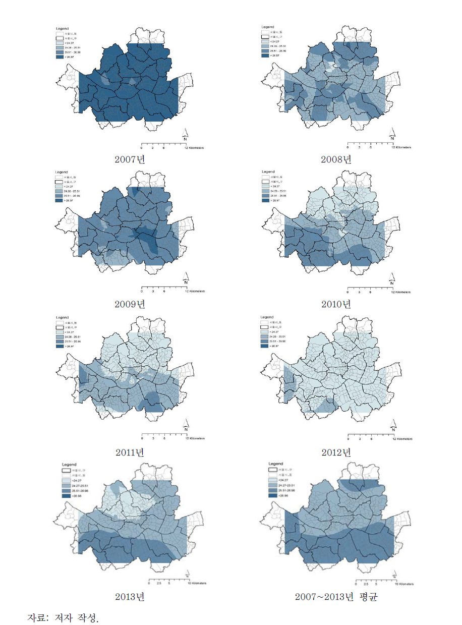 2007~2013년 초미세먼지(PM2.5) 농도의 공간분포