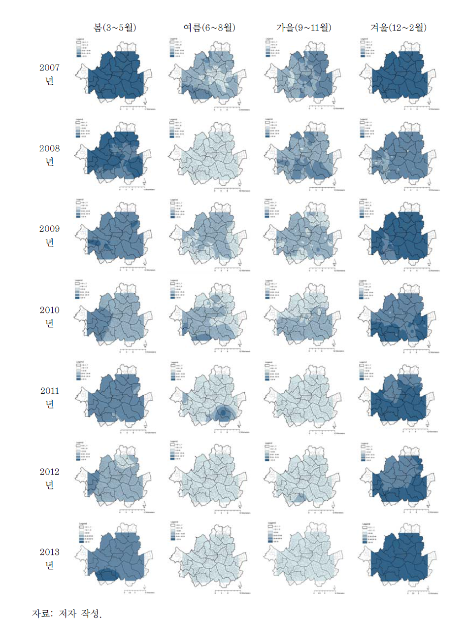 2007~2013년 계절별 초미세먼지(PM2.5) 농도의 공간분포
