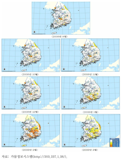 2008년 전국 WADI 가뭄지수 분포도