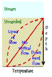 지표수-지하수의 수직적 혼합양상에 따른 온도변화 모식도
